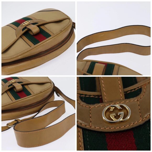 GUCCI Web Sherry Line Shoulder Bag Canvas Leather Beige Gold Auth BA5901 - Picture 16 of 16